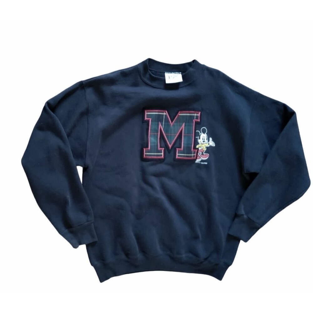 Vintage Velva Sheen Mickey Mouse sweatshirt Large black USA Plaid Patch Graphic